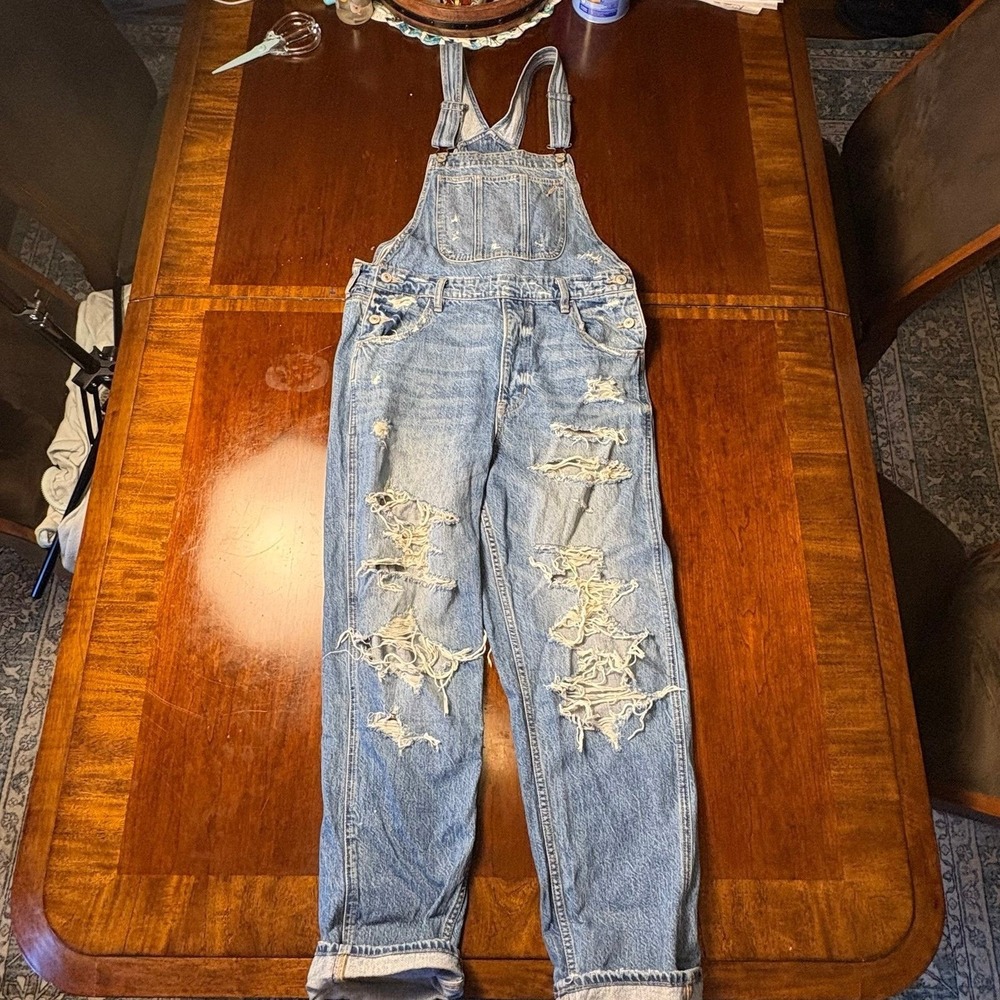 American Eagle Distressed Denim Overalls Medium Baggy Bib Jeans